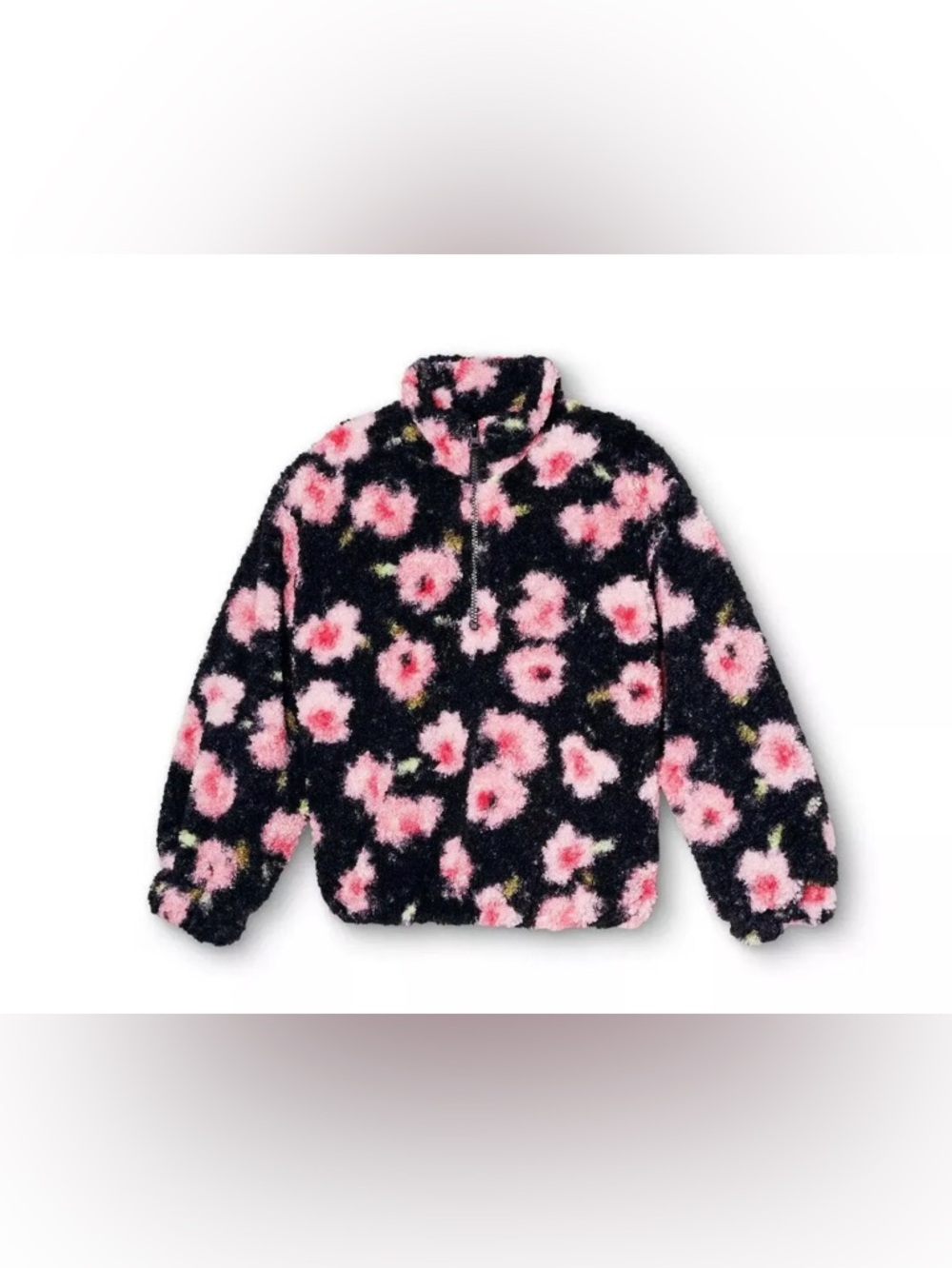 Sandy Liang x Target Fleece Floral Zip Jacket Black Pink Sherpa, Size XL